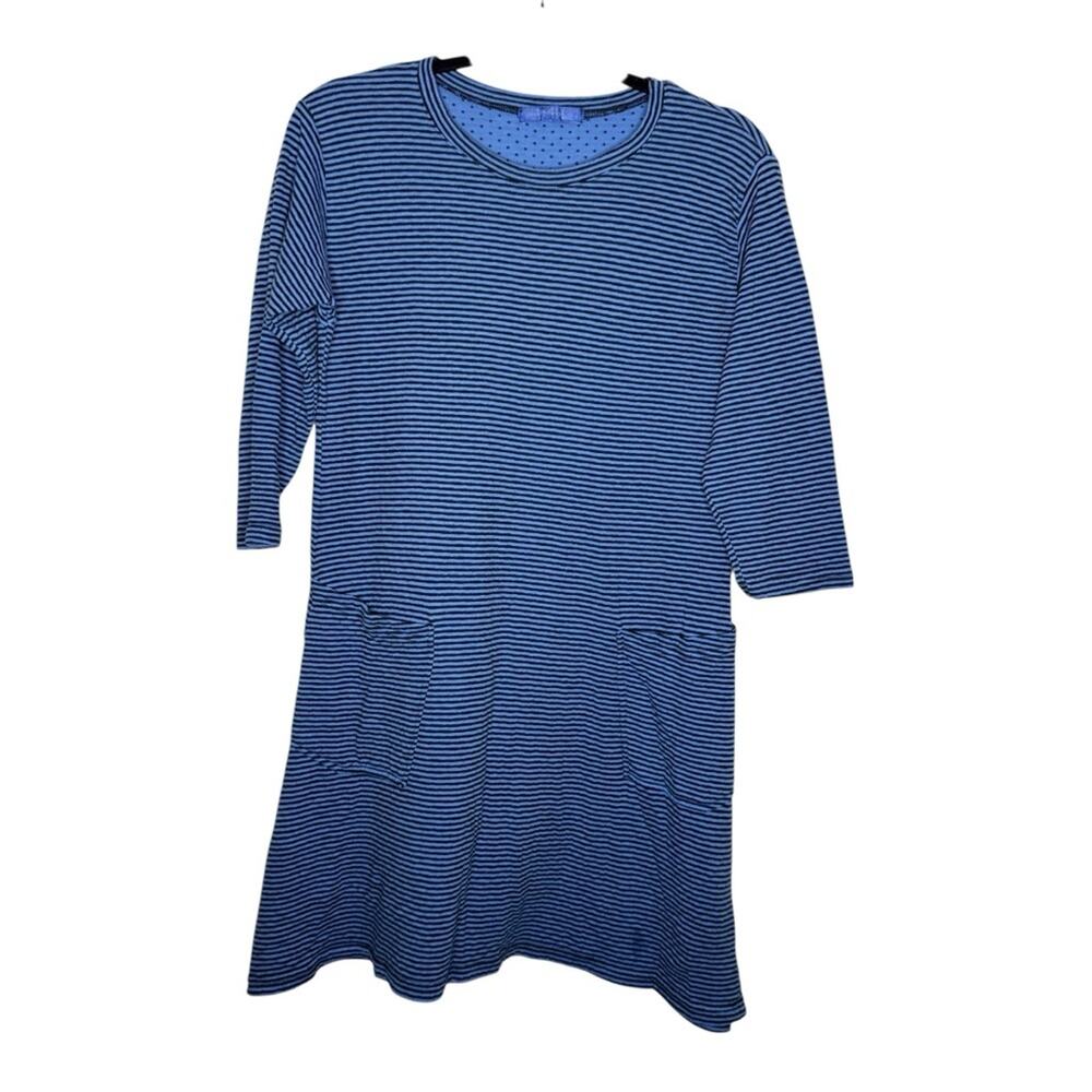 CUT LOOSE / blue black striped 3/4 sleeve cotton blend pocket tunic dress / S